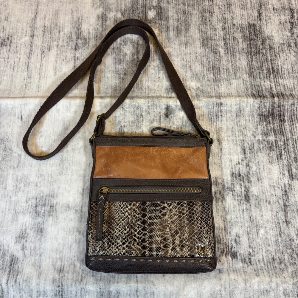 The Sak Brown Leather Snakeskin Print Crossbody Bag Messenger Purse Brown Teal